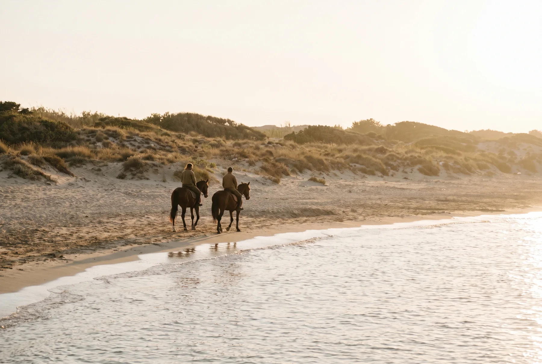 Due cavalieri a passo sulla battigia al tramonto