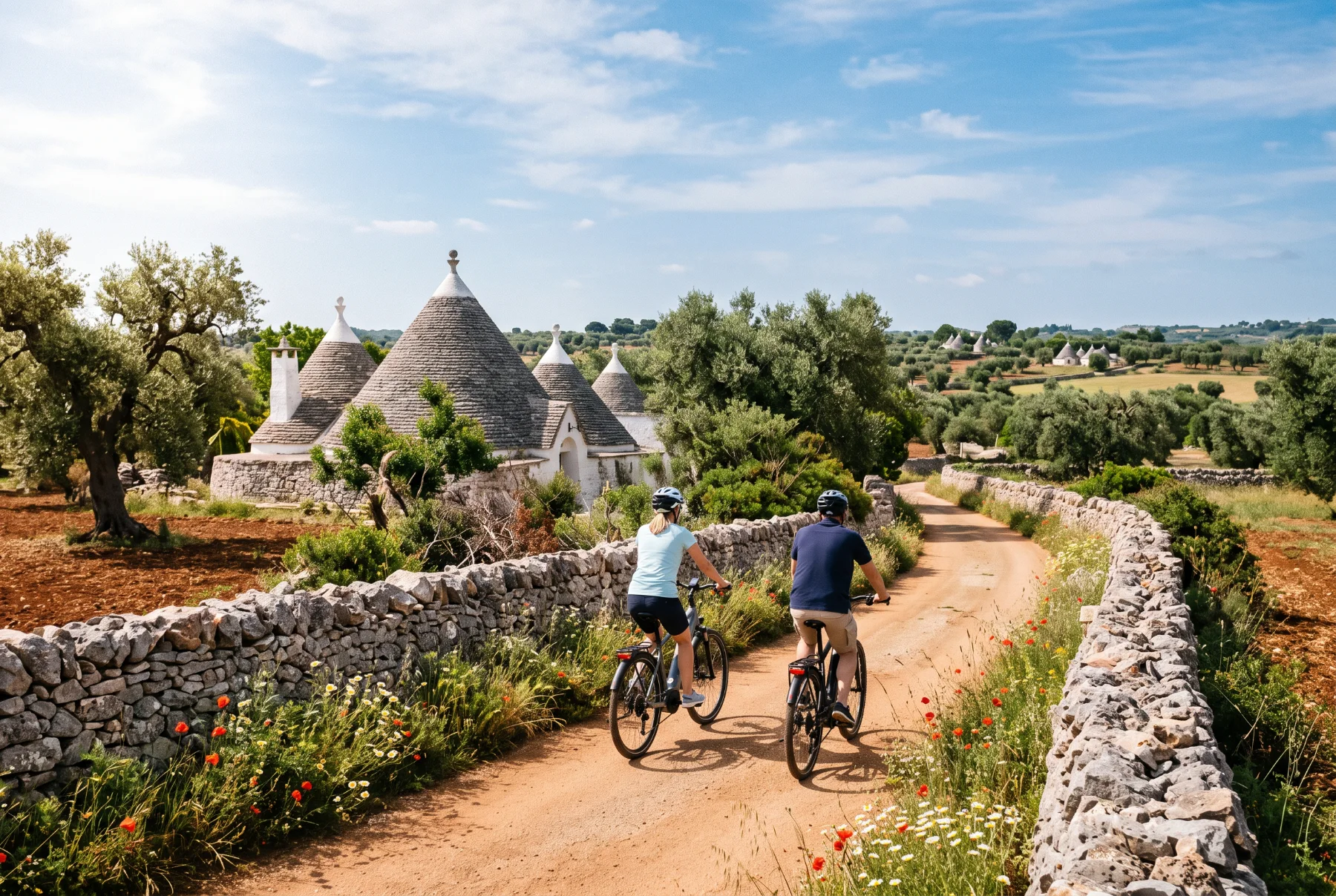 Due persone in e-bike sulla stradina tra i muretti a secco e i trulli