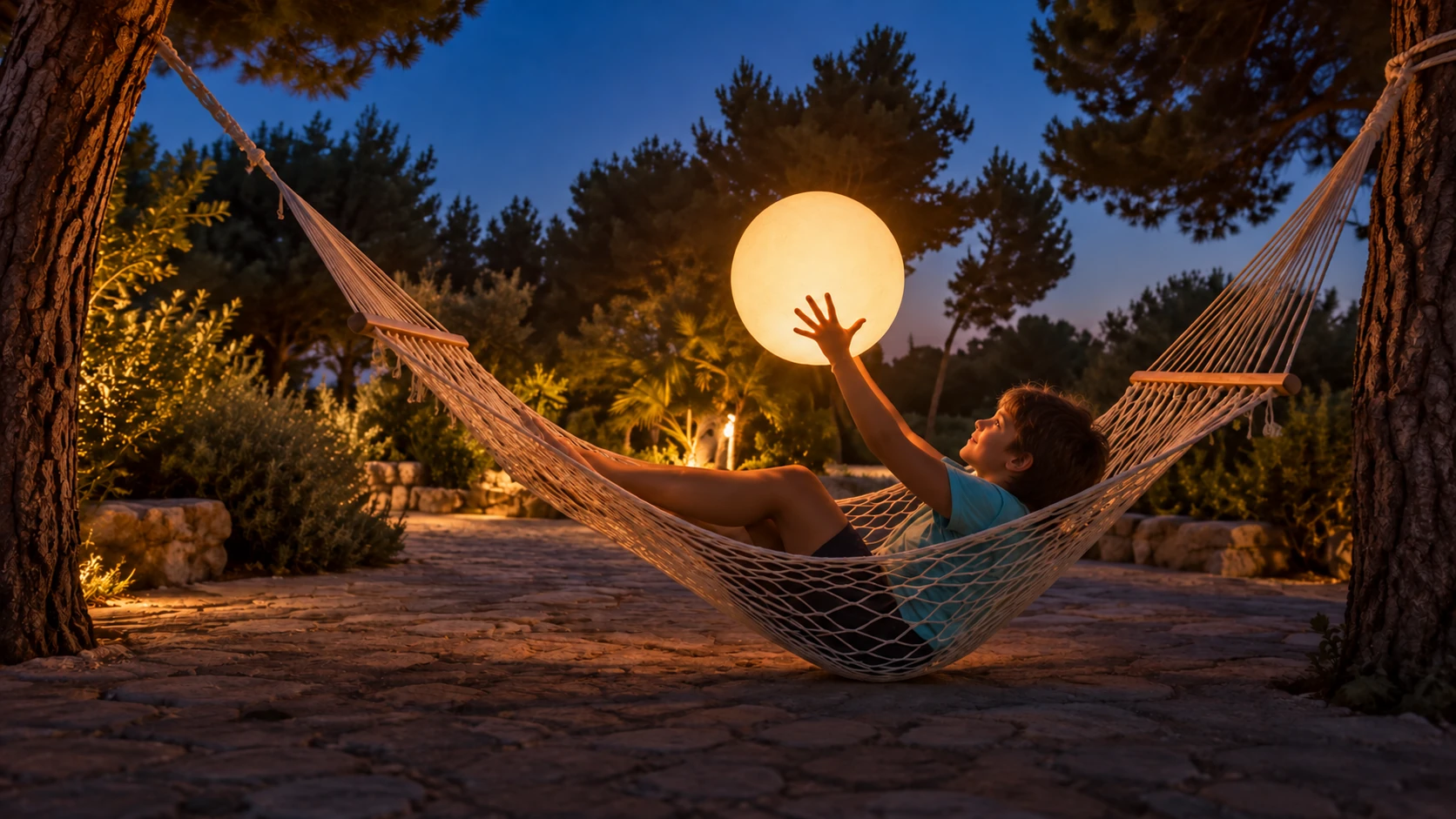 Un bambino di profilo sull’amaca tende la mano verso una sfera luminosa nel giardino al crepuscolo