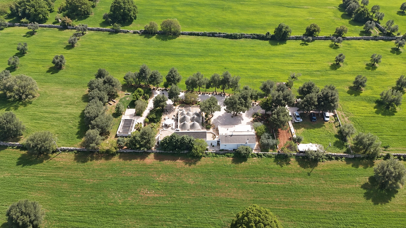 Luftaufnahme der Masseria Battaglini mit Trulli und weißen Gebäuden zwischen Bäumen, grünen Feldern und Trockenmauern