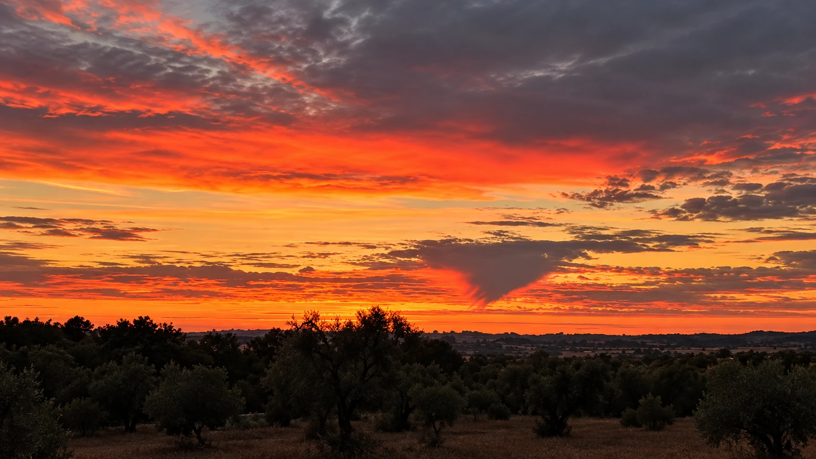 Orange sky and sunset clouds over the Itria Valley countryside